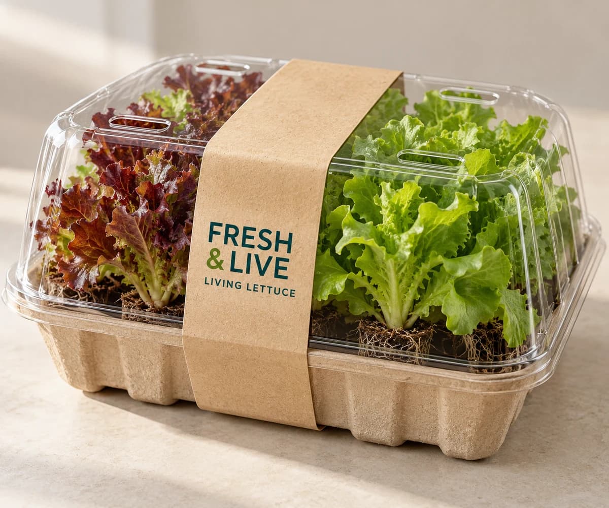 Packaging concept for green and red living lettuce.