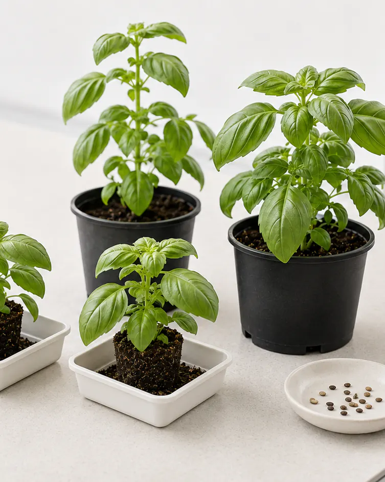 Illustrative comparison of four young broad-leaf specimens in plugs and pots, with a small dish of seed material.
