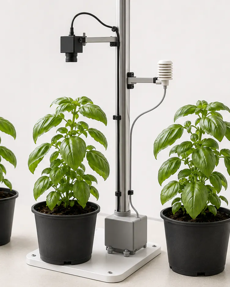 Illustrative comparison bench with three broad-leaf plants, a supported optical head, and an environmental probe.
